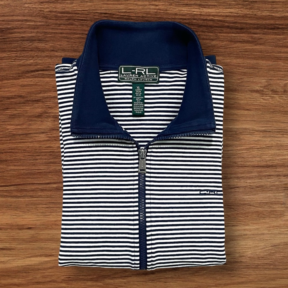 Lauren Active by Ralph Lauren L-RL Navy Blue & White Striped Zip-Up Track Jacket - Picture 15 of 16